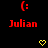 Red pixelated text 'Julian' beneath red emoticons, with yellow heart symbols below on black background.