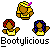 Pixel art of a woman in a yellow top with red or blue hair, some with a pink accessory, arranged in a with text below