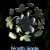 Pixelated circular arrangement of green and gray shapes surrounding a dark center on black background with blue text at bottom