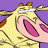 Pixelated cartoon character with yellow body, pink mouth, and brown accents against purple background