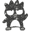Black and white pixelated character with large white eyes, spiky hair, and a white belly patch on a gray background.