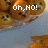 Pixelated image of round orange objects with dark spots on a light blue surface, displaying text changes across frames.