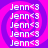 A static image with a purple and pink spiral background displaying repeated white text "Jenn<3" in four vertical