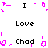 Pixelated icon with black text 'Love', 'Chad', and 'I' surrounded by pink animated sparkles on white background.