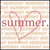 A static image showing four distinct summer-themed scenes arranged in a : brick wall with heart outline and text, beach sand heart, colorful flip-flops on sand, and empty space