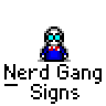 A 4x4 contact sheet of pixel art frames showing a cartoon character in blue clothing with red accents, performing various hand gestures and poses against a gray background.