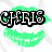 Green lips with white teeth and black-and-white text reading 'CHRI' above, changing to 'MISSY' below in a pixelated style.
