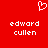 Red background with white pixelated text 'edward cullen' repeated twice and a white pixelated heart symbol above the text.