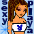 Pixelated image of a woman with long brown hair wearing a white crop top featuring a blue symbol, flanked by vertical text reading "SEXY" and "PLAYA" on light blue background.