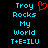 Pixelated text displays 'Troy Rocks My World T+E=ILU' with a red heart symbol above the name on black background.