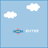 A 4-frame animated contact sheet showing a pixel art spaceship icon with changing cloud positions against a light blue background, each frame containing the text "ENTER".