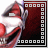 A 48x48 pixel animated buddy icon featuring a cartoon clown face with exaggerated red nose, wide grin showing teeth, and white-painted cheeks, set against a dark maroon background bordered by white square outlines; the animation cycles through three frames where vertical text on the right side changes from 'F' to 'FE' to 'FEB'