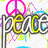 Pixelated graphic with 'peace' text, peace symbol, and yellow smiley face with 'Happiness' text.