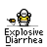 A 4x4 contact sheet of pixel art frames showing a white stick figure with yellow torso holding a brown bowl, experiencing progressive diarrhea effects across sampled animation frames.