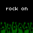 Pixelated green crowd with raised hands beneath repeated white text 'rock on' on black background.