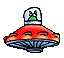 Pixelated UFO-shaped icon with red-orange top, blue base, and transparent dome showing green alien face; show slight rotation