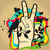 A hand making a peace sign with rainbow-colored splatters and black ink-like marks on a beige background.