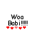 Pixelated text "Woo Bobi!!!!!" with red and pink hearts below, showing animation where heart colors shift between frames.