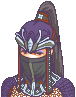 Pixel art character with purple hair, dark mask covering lower face, ornate silver headpiece with white accents, and layered armor in brown and blue tones.