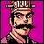 Pixel art portrait of a man with mustache wearing hat and checkered scarf against solid magenta background, static single-frame image.