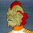 Pixelated character with greenish skin, red hair, and orange clothing against a blue background.