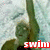 A static image shows a green cartoon character with large eyes and a neutral expression, positioned behind the word "swim" in various colors.