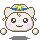 Pixel art character with white face, brown outline, pink cheeks, and blue-yellow crown-like accessory on gray background.