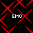 Red geometric pattern with four instances of the text 'EMO' in white pixelated font on a black background