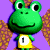 Green frog-like character with large eyes and a smile, wearing a yellow shirt with a white circle containing a black number one, against a purple background.