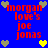 Blue background with red text reading 'morgan love's joe jonas' and pixelated hearts in yellow, brown, and gray. Animated heart colors shift between frames.