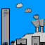 Animated contact sheet showing 15 sequential frames of a pixel-art animation with blue sky background, gray buildings, and black text changing across frames.