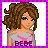 Pixel art character with brown curly hair, green eyes, and a gray top featuring pink text 'BEBE' over purple lettering.