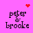Pixelated text 'peter & brooke' on pink background with red heart and starburst animations.