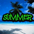 Pixelated beach scene with palm trees and blue sky, displaying green text that changes from 'SUMMER' to 'of' then '2009'.