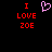 Red pixelated text 'I LOVE ZOE' on black background with pink heart symbol above the word 'LOVE'.