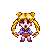 Pixel art character with blonde pigtails and golden crescent headband, transitioning through multiple poses and color variations including black silhouette and pink accents.