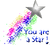 Silver star with pixelated rainbow trail and blue text 'You are a Star!' on gray background.