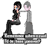 Pixel art of two figures with one figure's hand on the other's shoulder, text below reads 'Remember when I said I'd be here forever?'