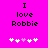 Pixelated text 'I love Robbie' on bright pink background with five white and one light purple heart symbols below.