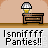 Pixel art animation of a character in a yellow shirt and white helmet sniffing a brown desk, with repeated 'I sniffff Pantie!!' text and a 'SSNIFF!' speech bubble.