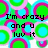 Pixelated text reads "I'm crazy and u luv it" over a colorful, abstract background of green, blue, and pink circular patterns.