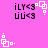Pixelated icon with pink background, black text 'iLY<3' and 'uU<3', white square-and-dot animation elements.