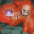 Pixelated red-haired figure with large eyes, one holding a glowing purple orb against a teal background.