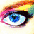 Four distinct close-up facial features: a blue eye with rainbow eyeshadow, lips with rainbow stripes, an eye with colorful makeup on white skin, and pink lips covered in multicolored sprinkles.