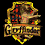 Six pixelated shield-shaped icons arranged in two on black background, each with distinct color schemes and symbols including animals and text banners