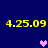 Yellow text '4.25.09' appears four times on a dark blue background with three pixelated hearts in varying positions.
