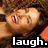 Pixelated close-up of a person with brown hair lying down, mouth open in laughter, overlaid with bold white text reading 'laugh.' on black background.