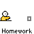 Pixelated yellow figure with white circular head holding white object, positioned above gray square on gray background, with text "Homework" below.