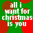 Green background with red and brown circular shapes, white text repeating 'all i want for christmas is you' in four quadrants.
