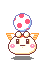 Pixel art character with white body, pink cheeks, brown eyes, and orange wing-like ears holding a red-spotted mushroom; two expressions shown.